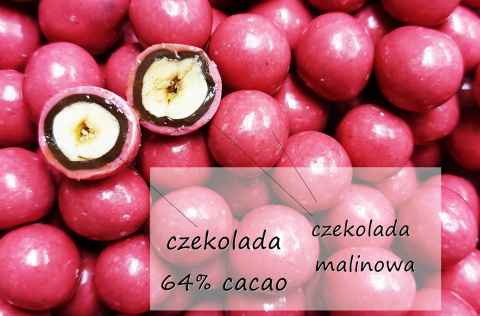 Orzech laskowy w czekoladzie malinowej i gorzkiej 64% cacao 100g opakowanie bag Orzech laskowy w czekoladzie malinowej i gorzkiej 64% cacao 100g opakowanie bag